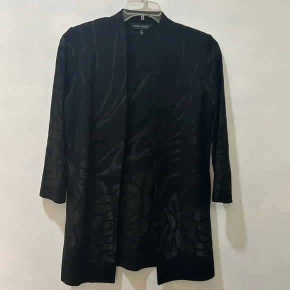 MING WANG OPEN CARDIGAN SWEATER WOMEN Sz SMALL BLACK FLORAL LONG SLEEVES - Picture 2 of 13